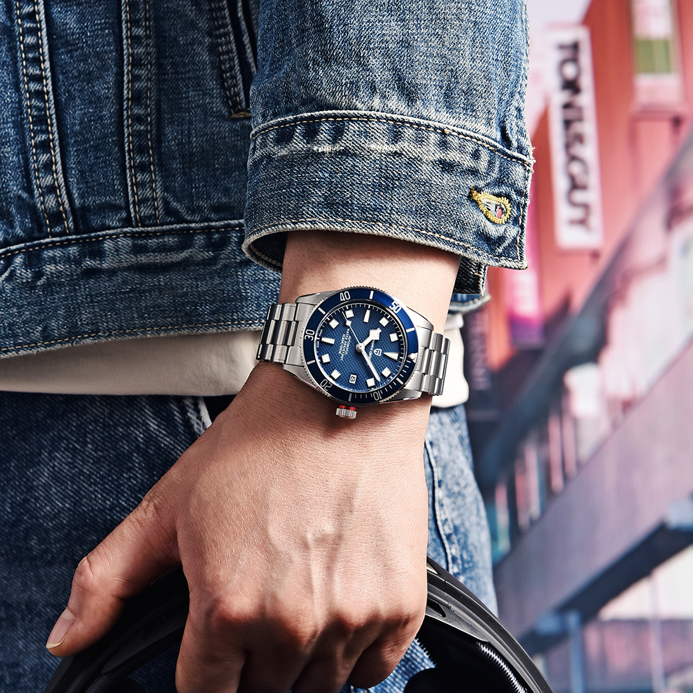 Pagani Design PD1733 Orologio Automatico Uomo 40mm | Vetro Zaffiro Verde AR, Movimento Giapponese NH35A, Quadrante Blu