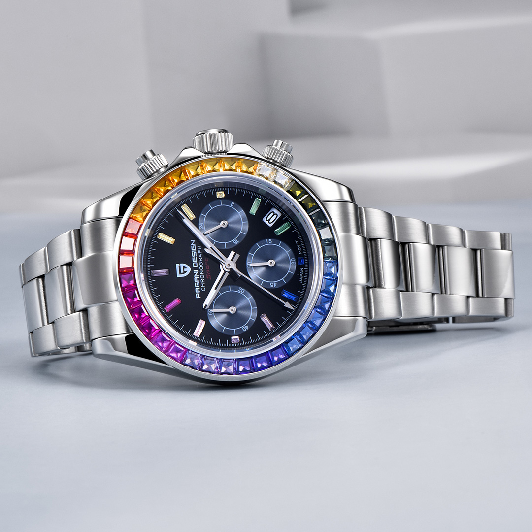Pagani Design Horloges voor Mannen Daytona Hommage Quartz Chronograaf Horloge VK63 Uurwerk Keramische Bezel Roestvrij Staal Sport Rubberen Band Heren Horloges (1664 Black